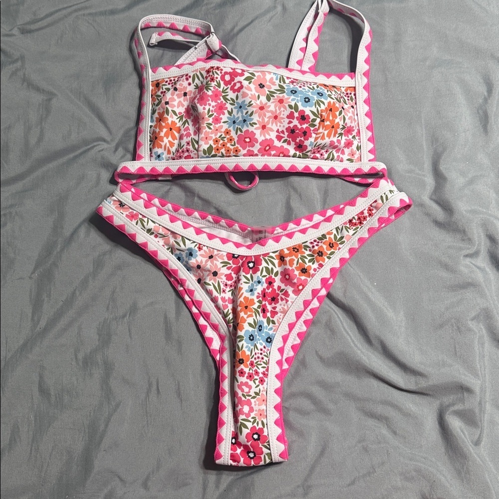 Floral Bikini Set with Pink Trim